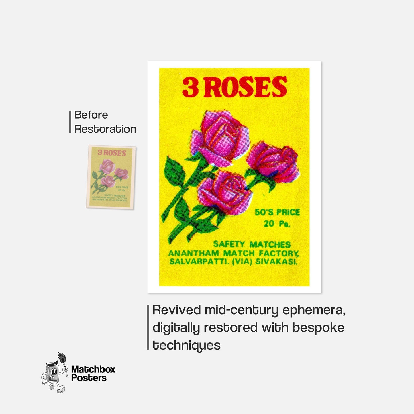 Three Roses - vintage matchbox label print - framed wall art preview