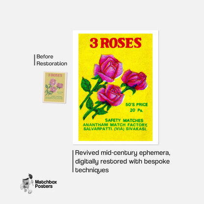 Three Roses - vintage matchbox label print - framed wall art preview