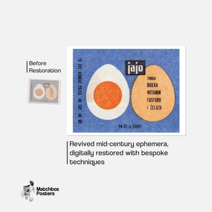 Illustration Of Two Eggs, One Whole - vintage matchbox label print - framed wall art preview