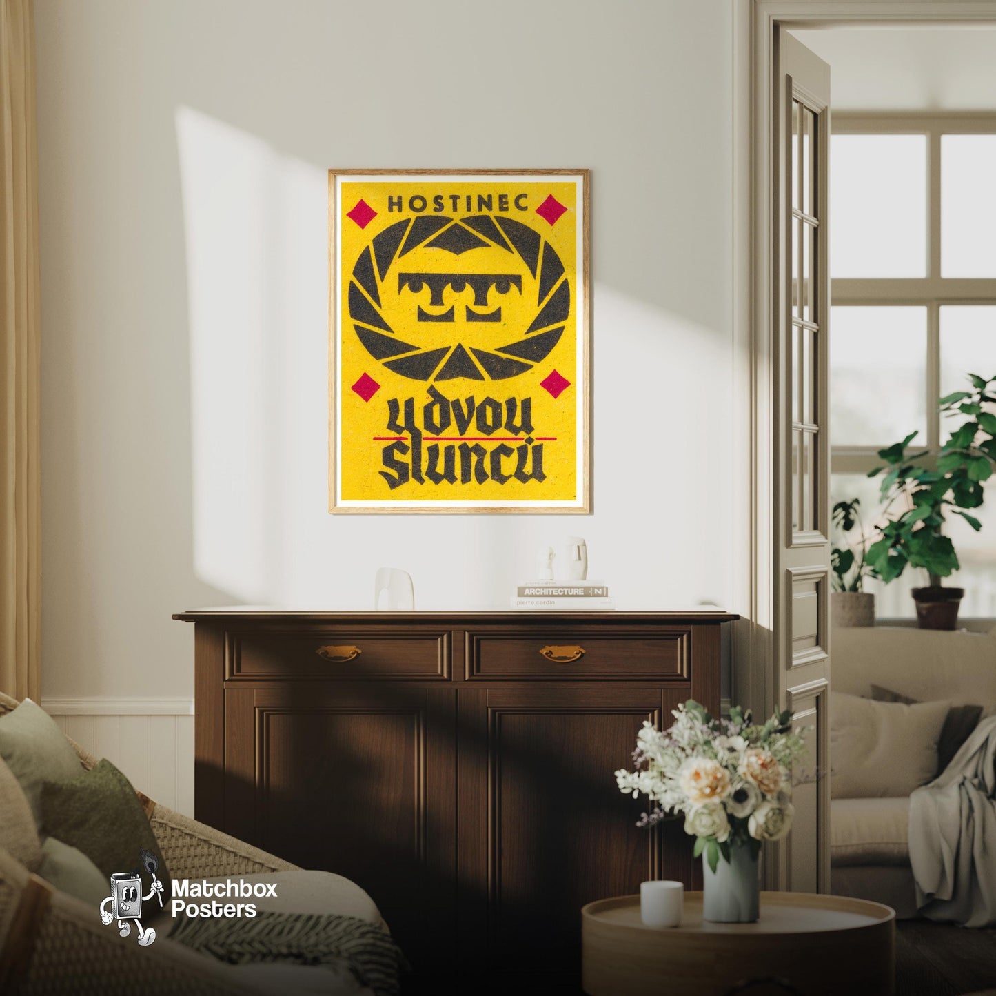 Geometric Design - vintage matchbox label print - living room mockup