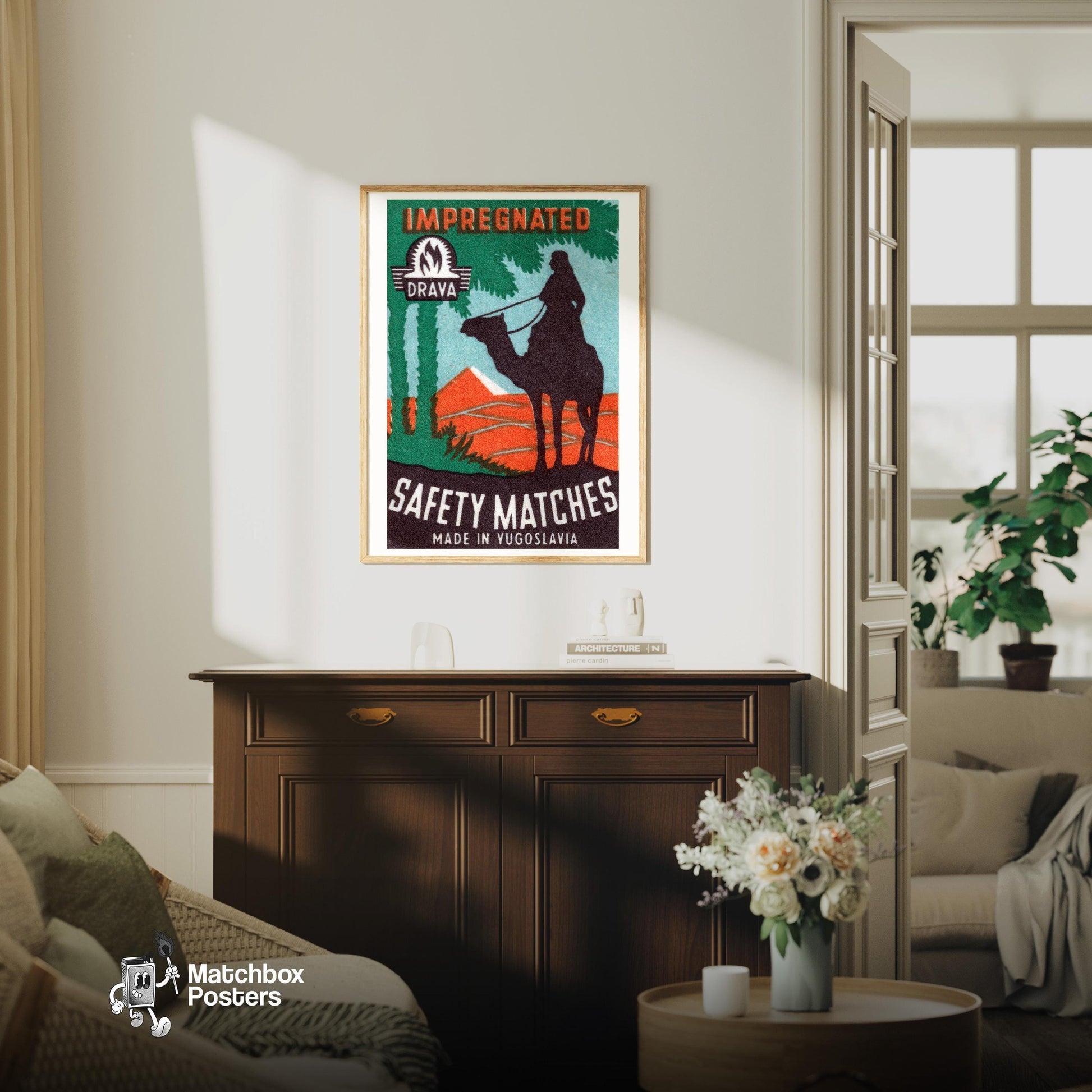 Camel Rider - vintage matchbox label print - living room mockup