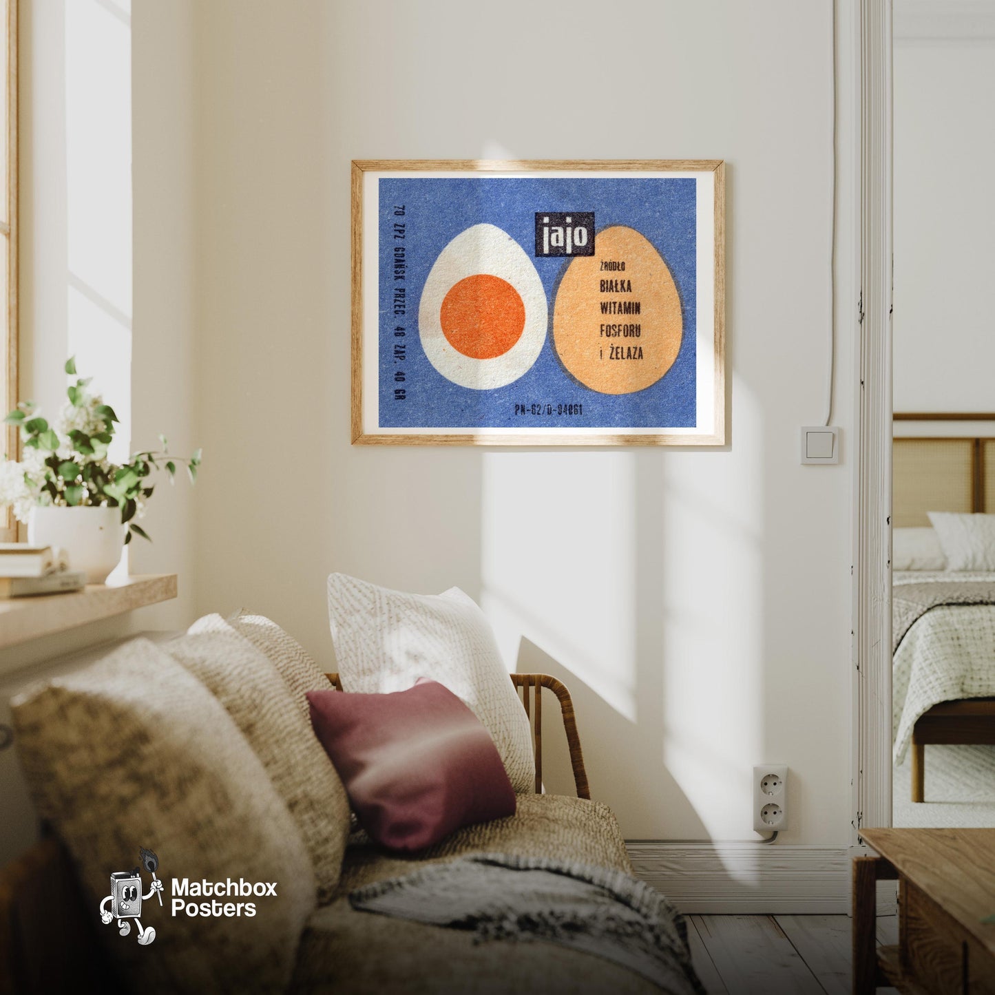 Illustration Of Two Eggs, One Whole - vintage matchbox label print - living room mockup