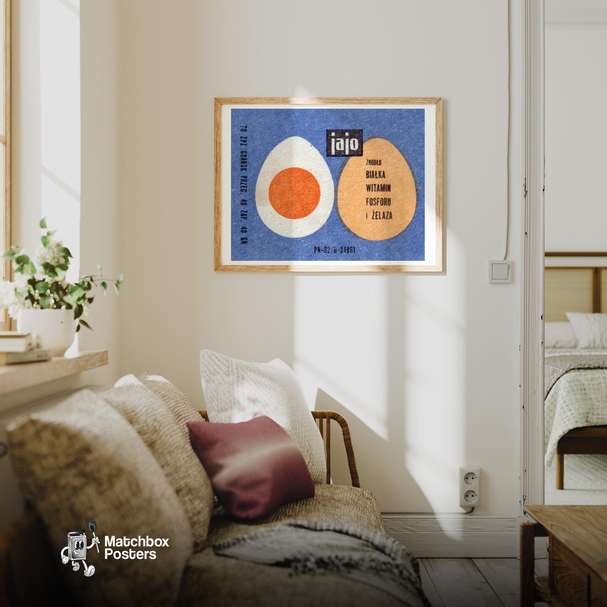 Illustration Of Two Eggs, One Whole - vintage matchbox label print - living room mockup