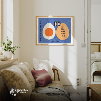Illustration Of Two Eggs, One Whole - vintage matchbox label print - living room mockup