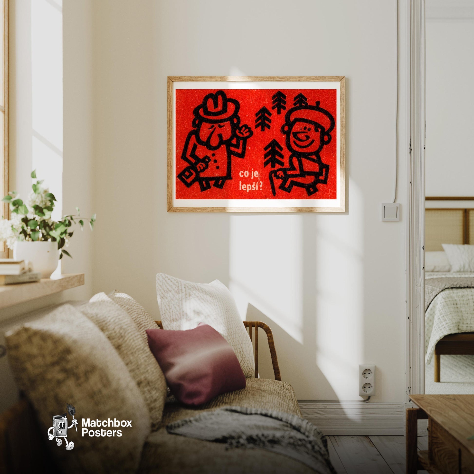 Two Figures - vintage matchbox label print - living room mockup