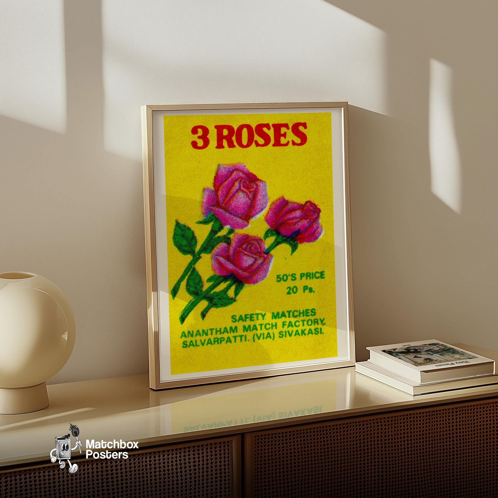 Three Roses - vintage matchbox label print - size comparison