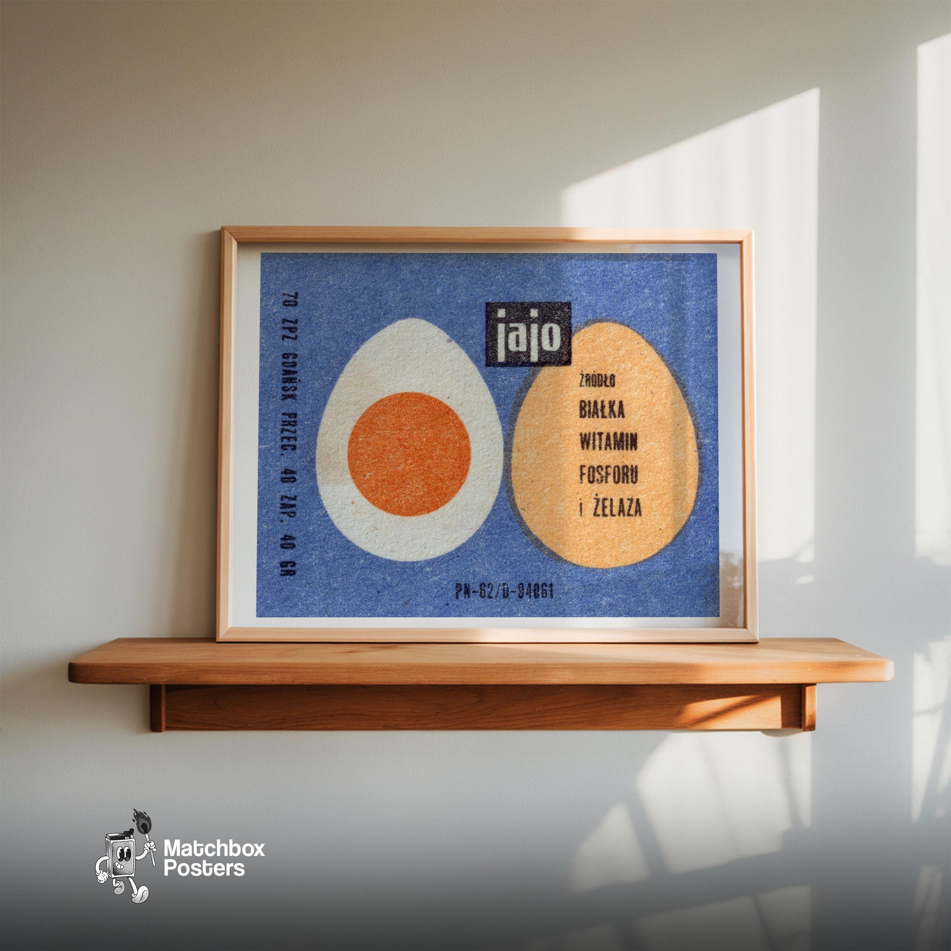 Illustration Of Two Eggs, One Whole - vintage matchbox label print - size comparison