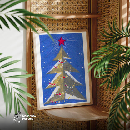 Stylized Christmas Tree - vintage matchbox label print - office wall