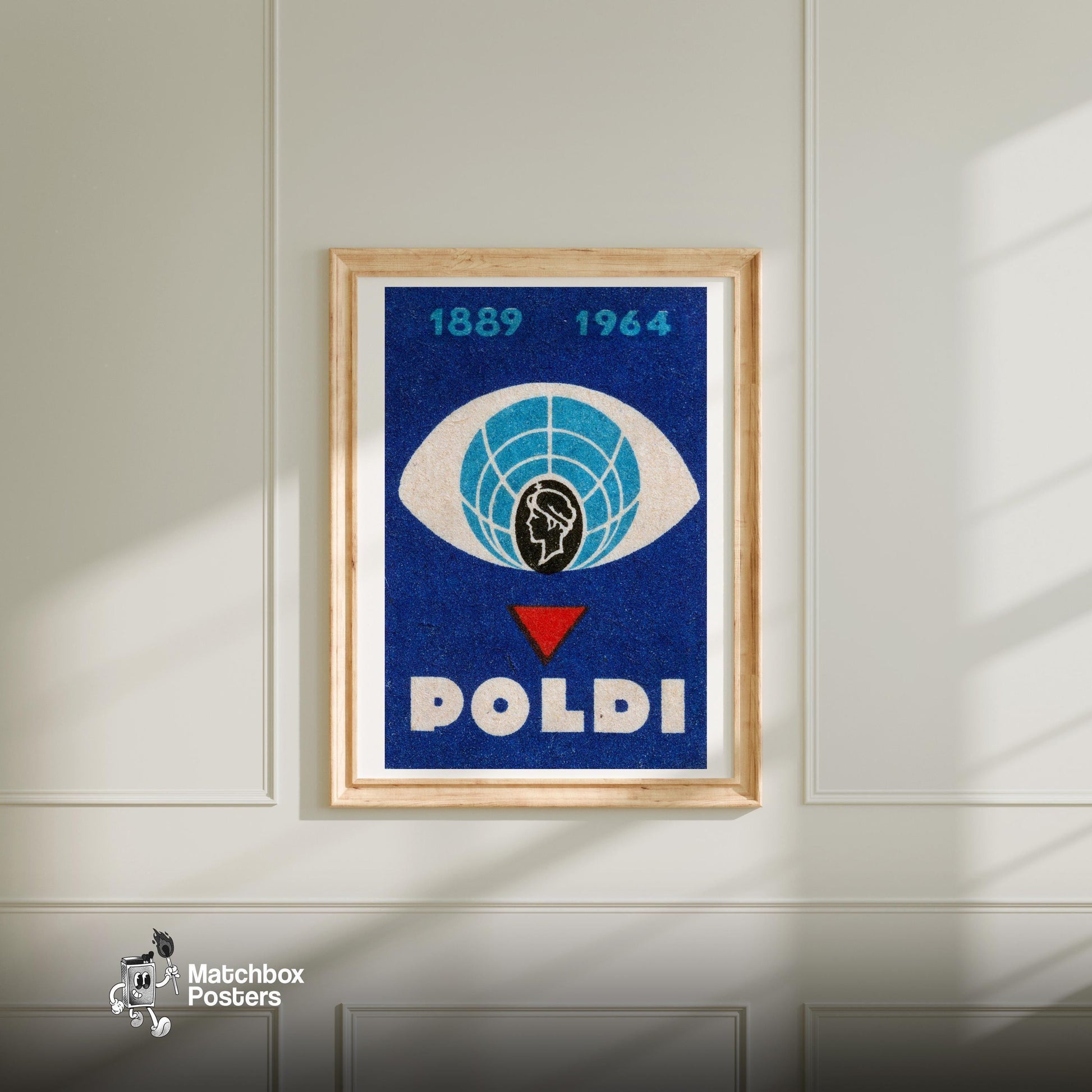 Globe in Eye - vintage matchbox label print - bedroom mockup