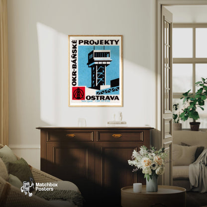 Air Control Tower - vintage matchbox label print - living room mockup