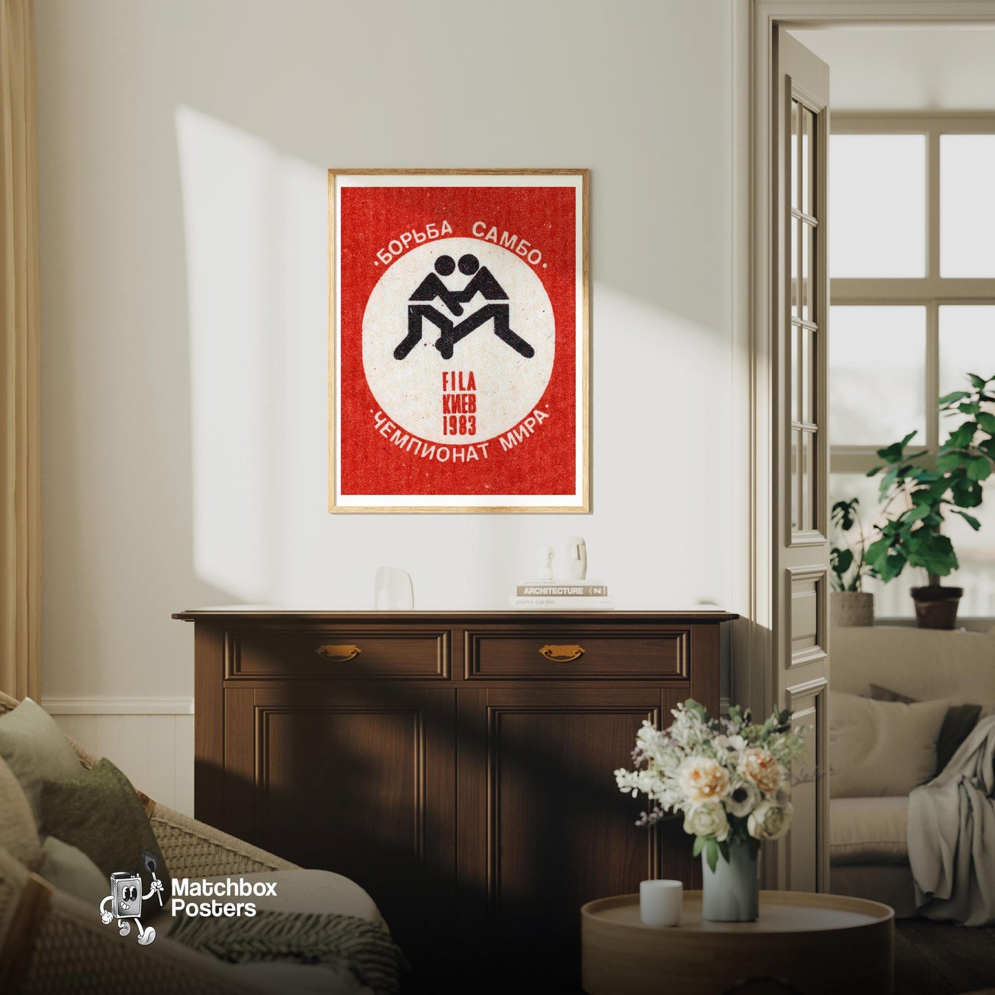 Wrestling - vintage matchbox label print - living room mockup