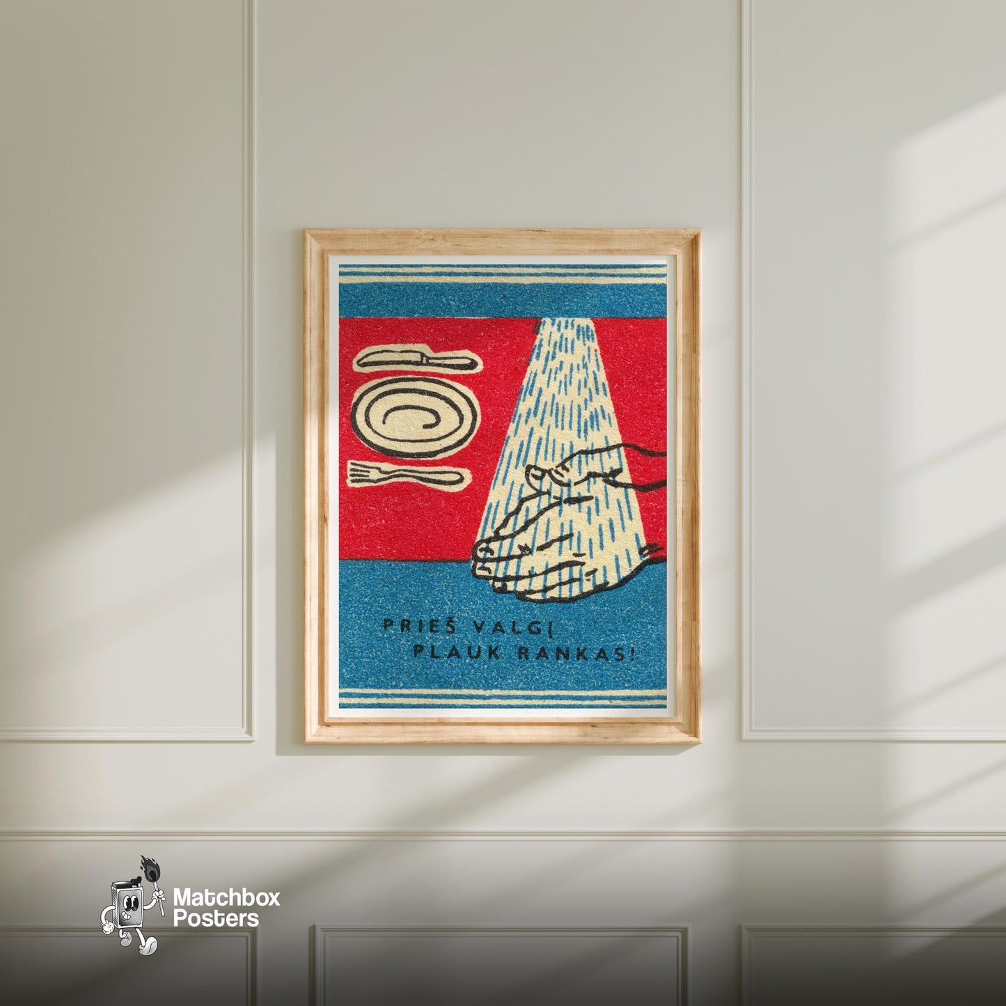 Wash Hands - vintage matchbox label print - bedroom mockup