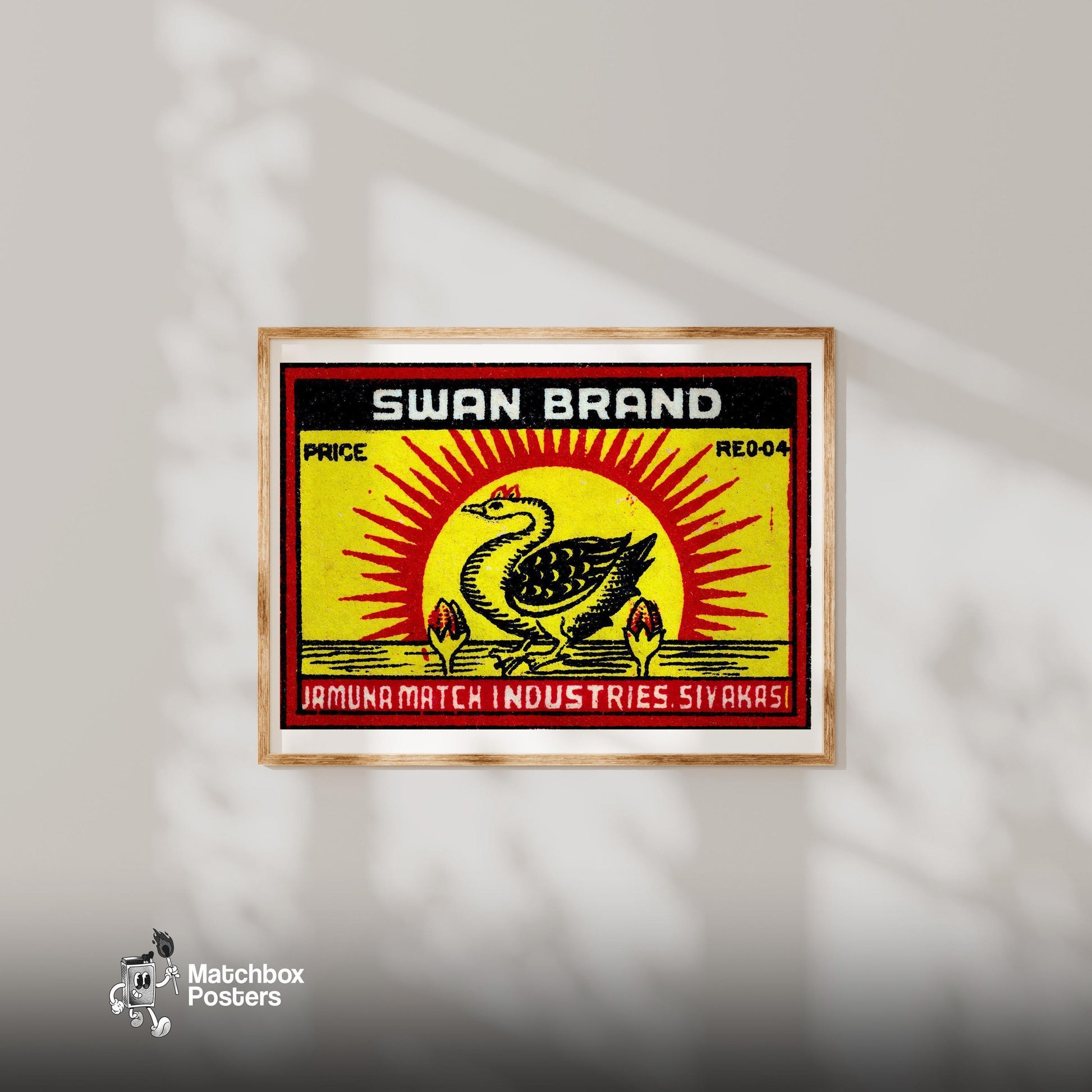 Swan with Sunburst - vintage matchbox label print - bedroom mockup