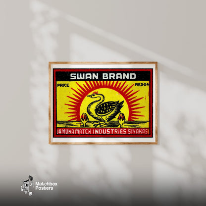 Swan with Sunburst - vintage matchbox label print - bedroom mockup