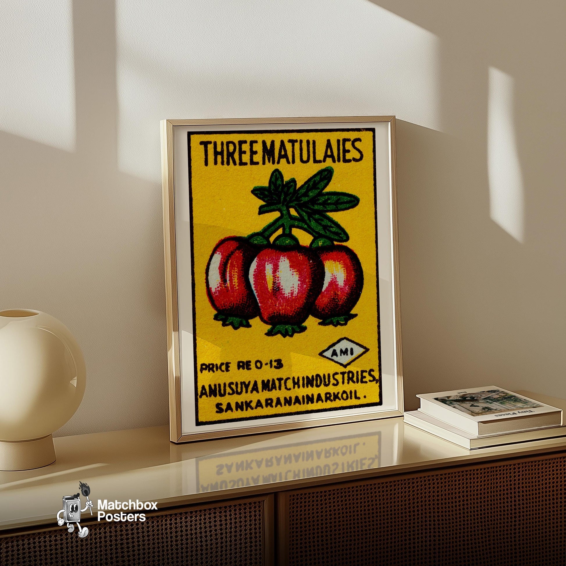 Three Tomatoes - vintage matchbox label print - size comparison