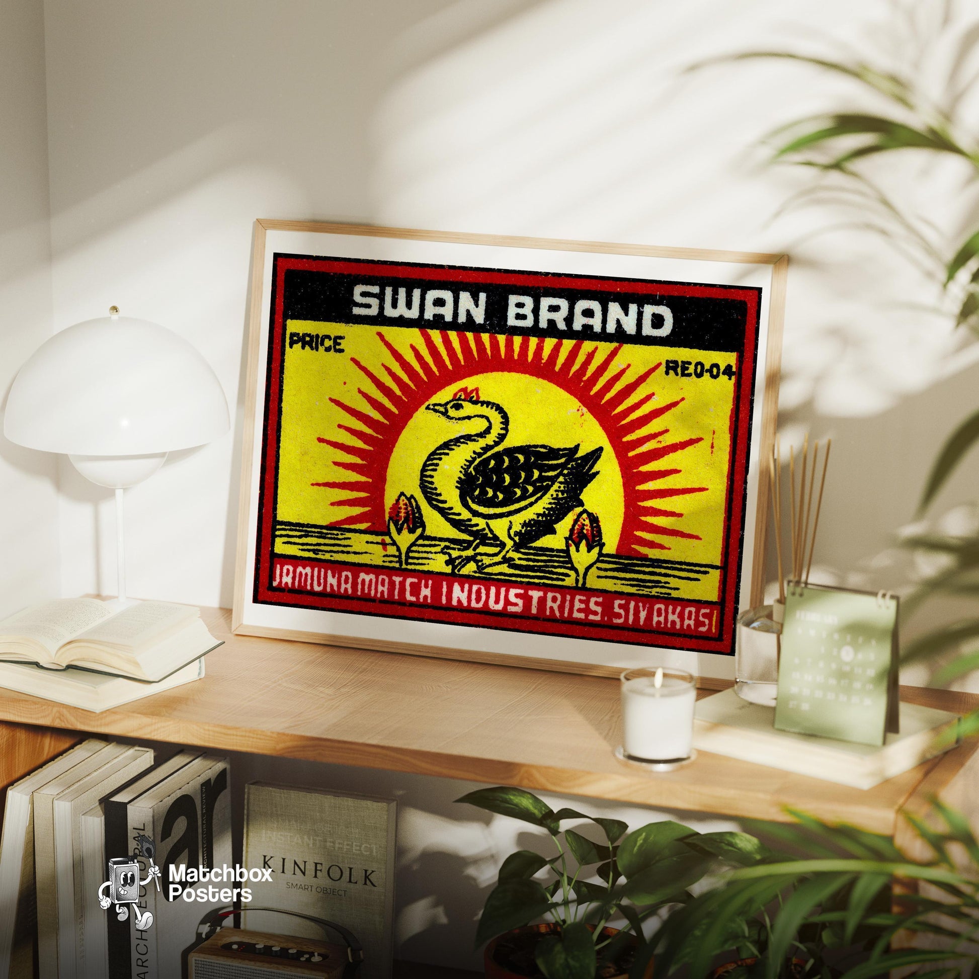 Swan with Sunburst - vintage matchbox label print - office wall