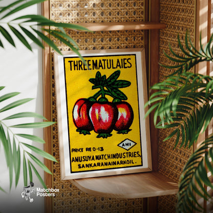 Three Tomatoes - vintage matchbox label print - office wall