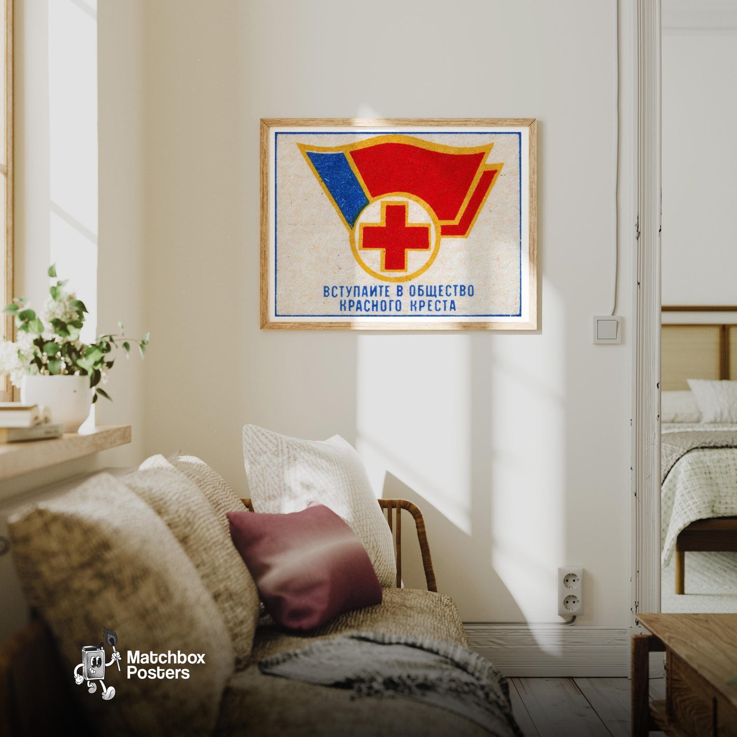 Red Cross Symbol - vintage matchbox label print - living room mockup