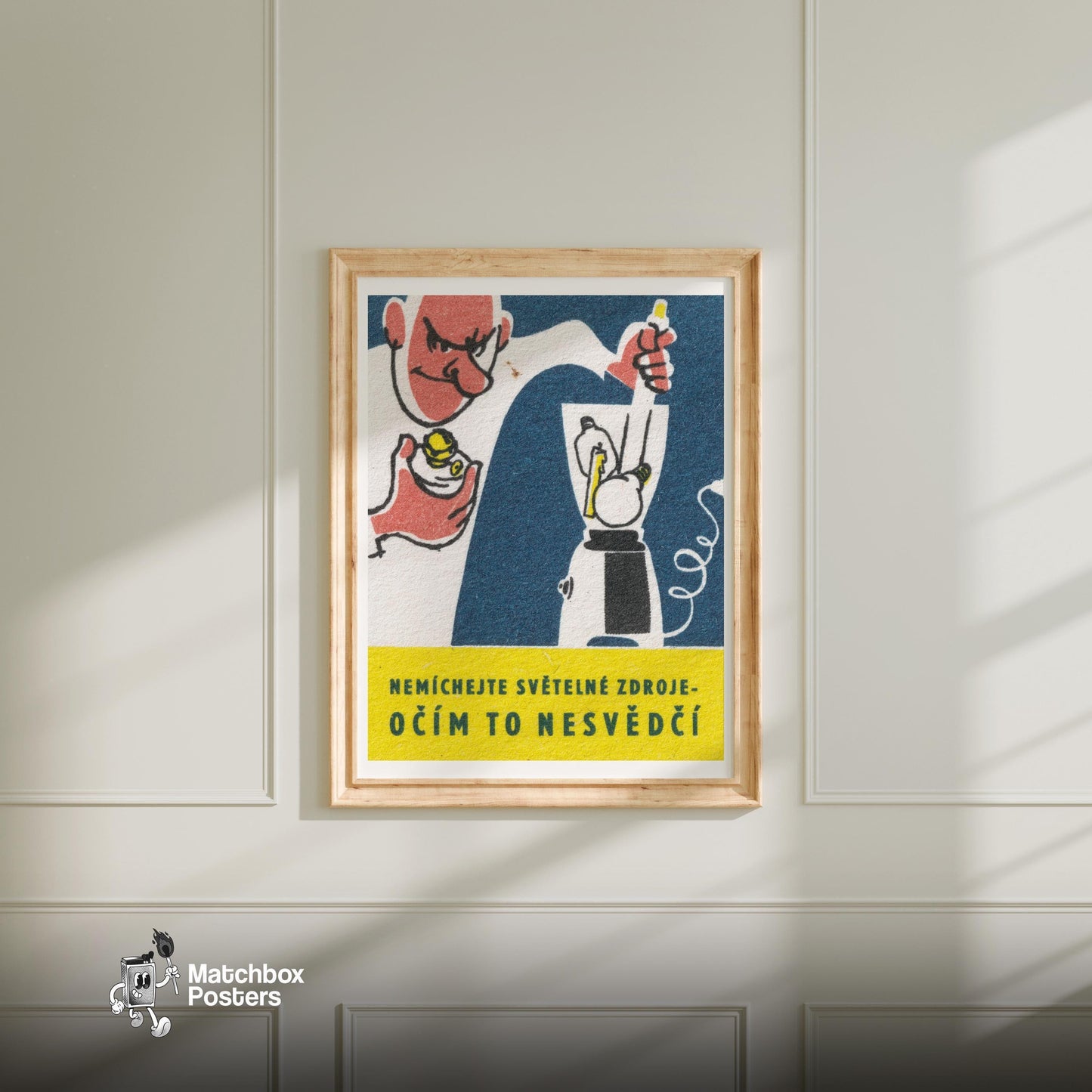 Man Blending Light Bulbs - vintage matchbox label print - bedroom mockup