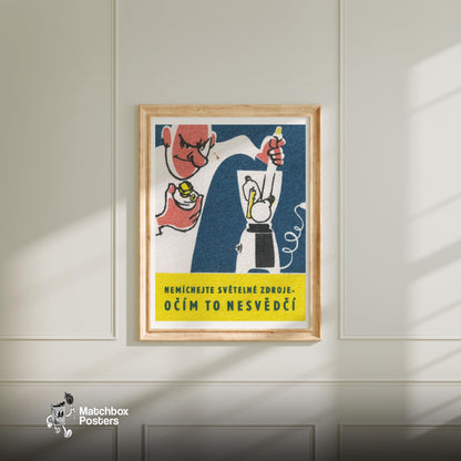 Man Blending Light Bulbs - vintage matchbox label print - bedroom mockup
