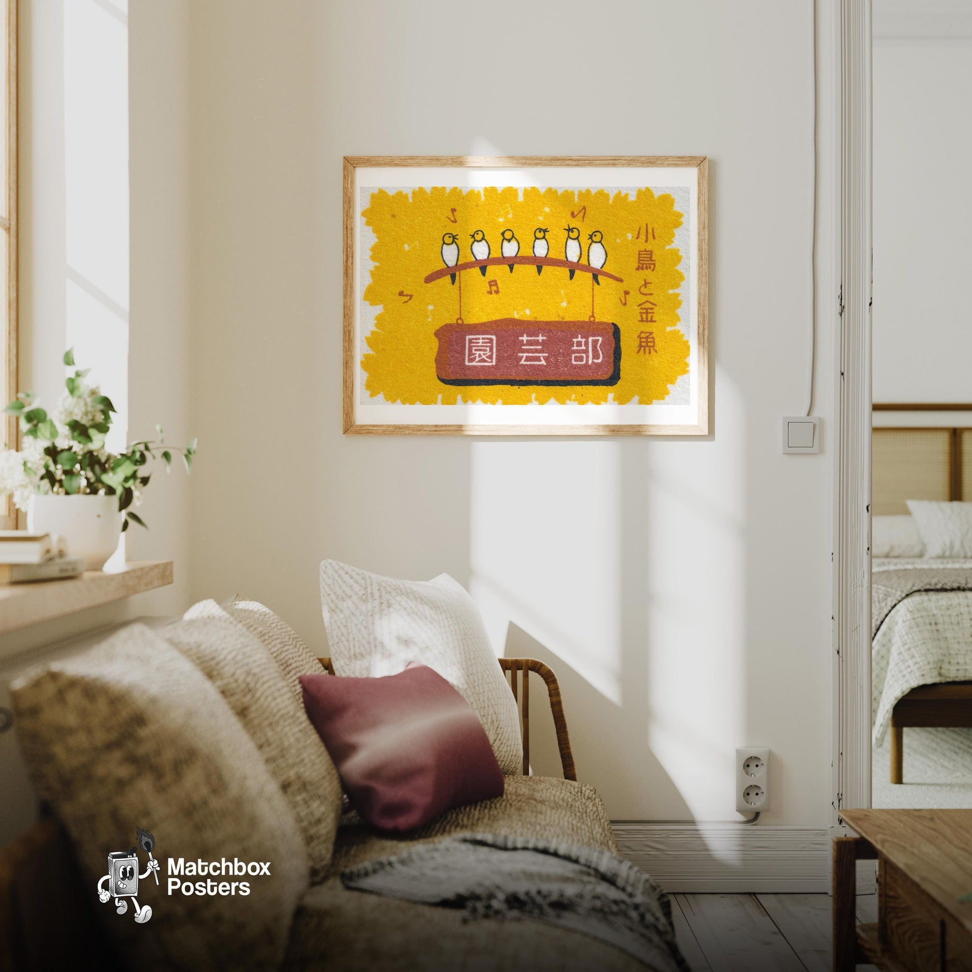Singing Birds - vintage matchbox label print - living room mockup