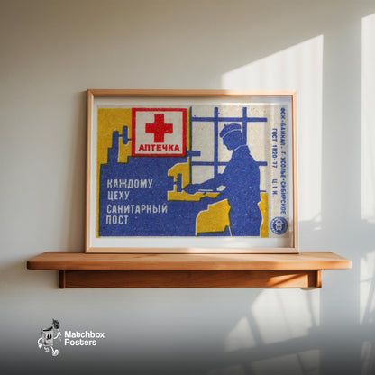 Worker with First Aid Symbol - vintage matchbox label print - size comparison
