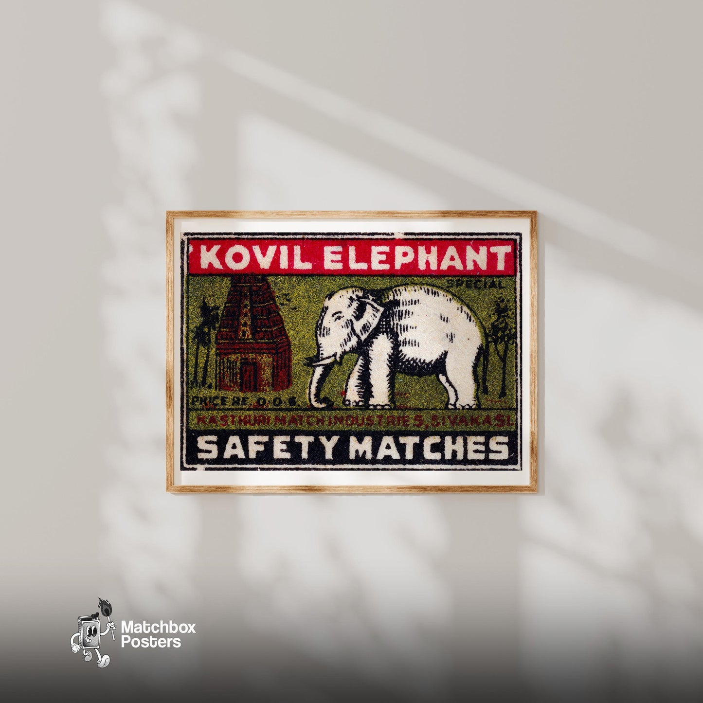 White Elephant Temple - vintage matchbox label print - bedroom mockup