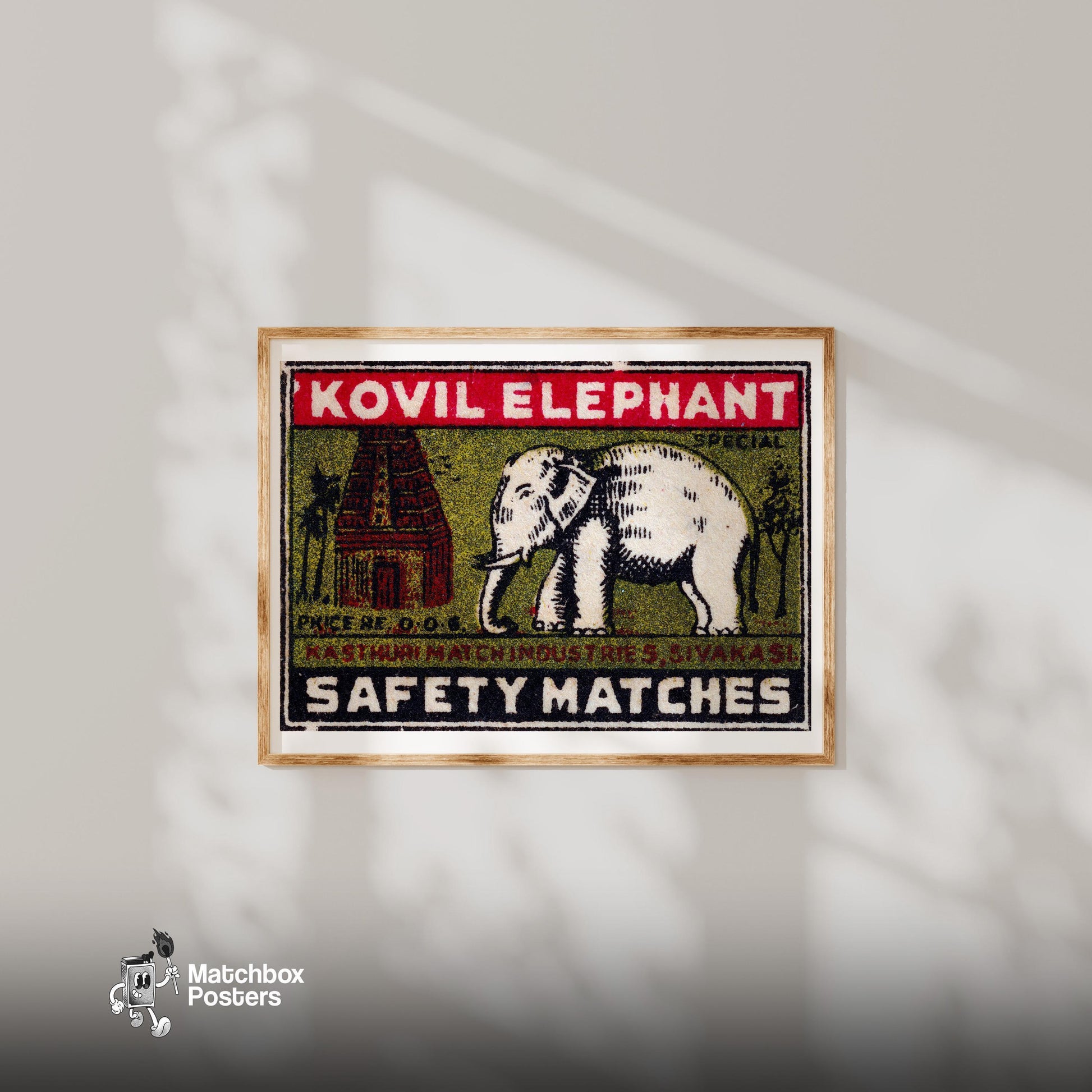 White Elephant Temple - vintage matchbox label print - bedroom mockup