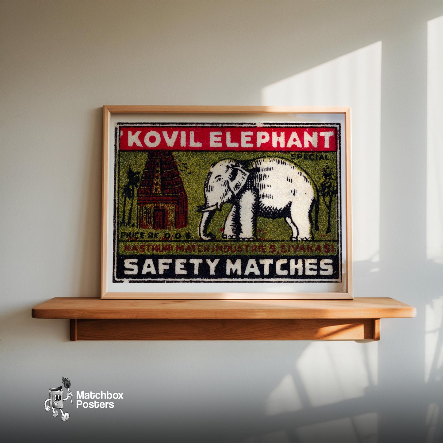 White Elephant Temple - vintage matchbox label print - size comparison