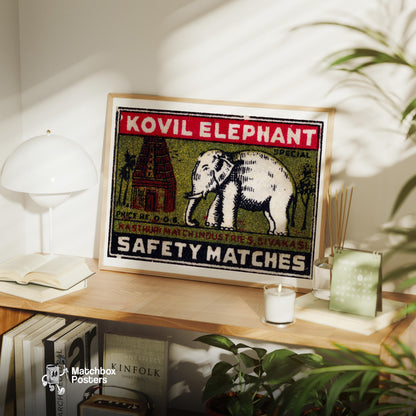 White Elephant Temple - vintage matchbox label print - office wall