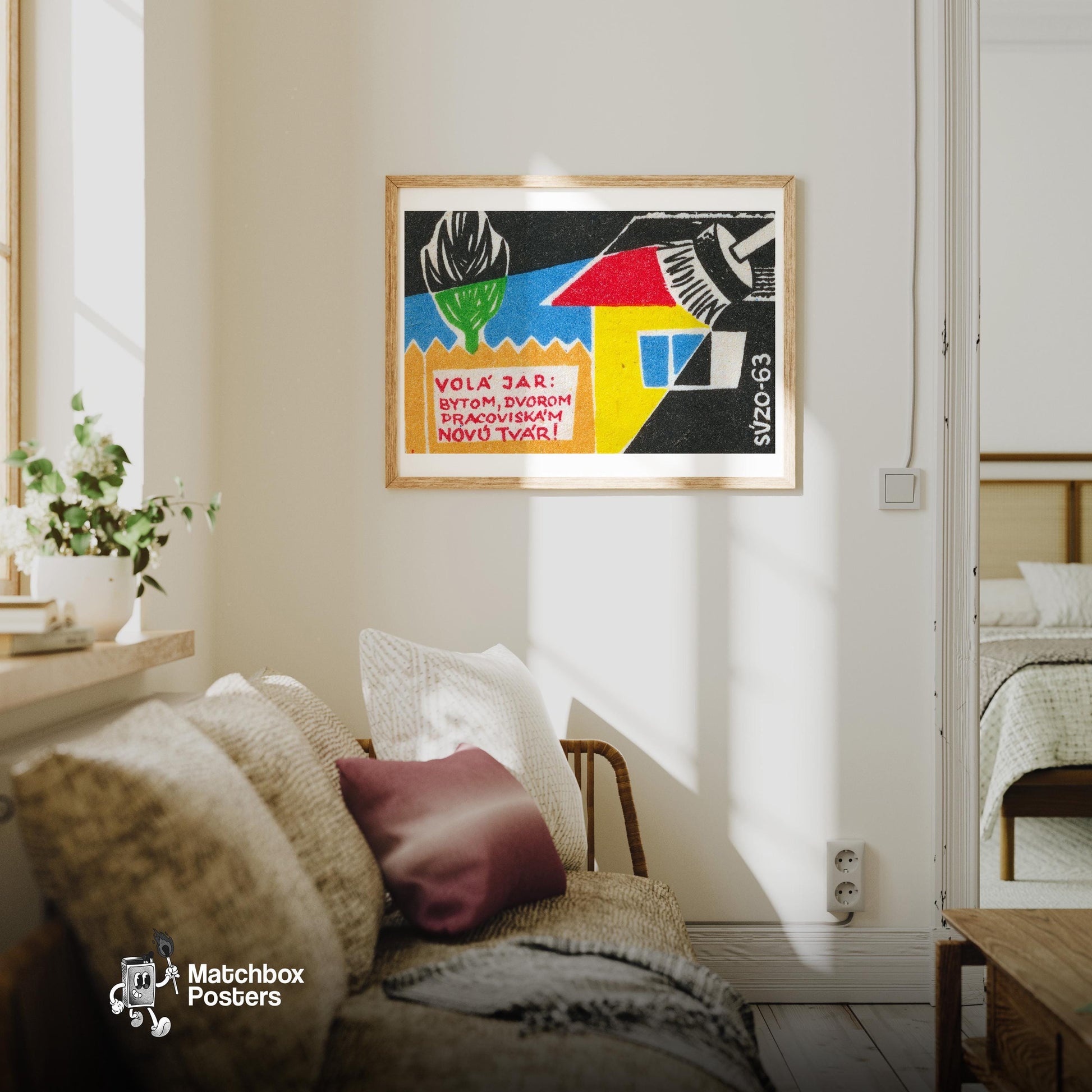Spring Cleaning House - vintage matchbox label print - living room mockup