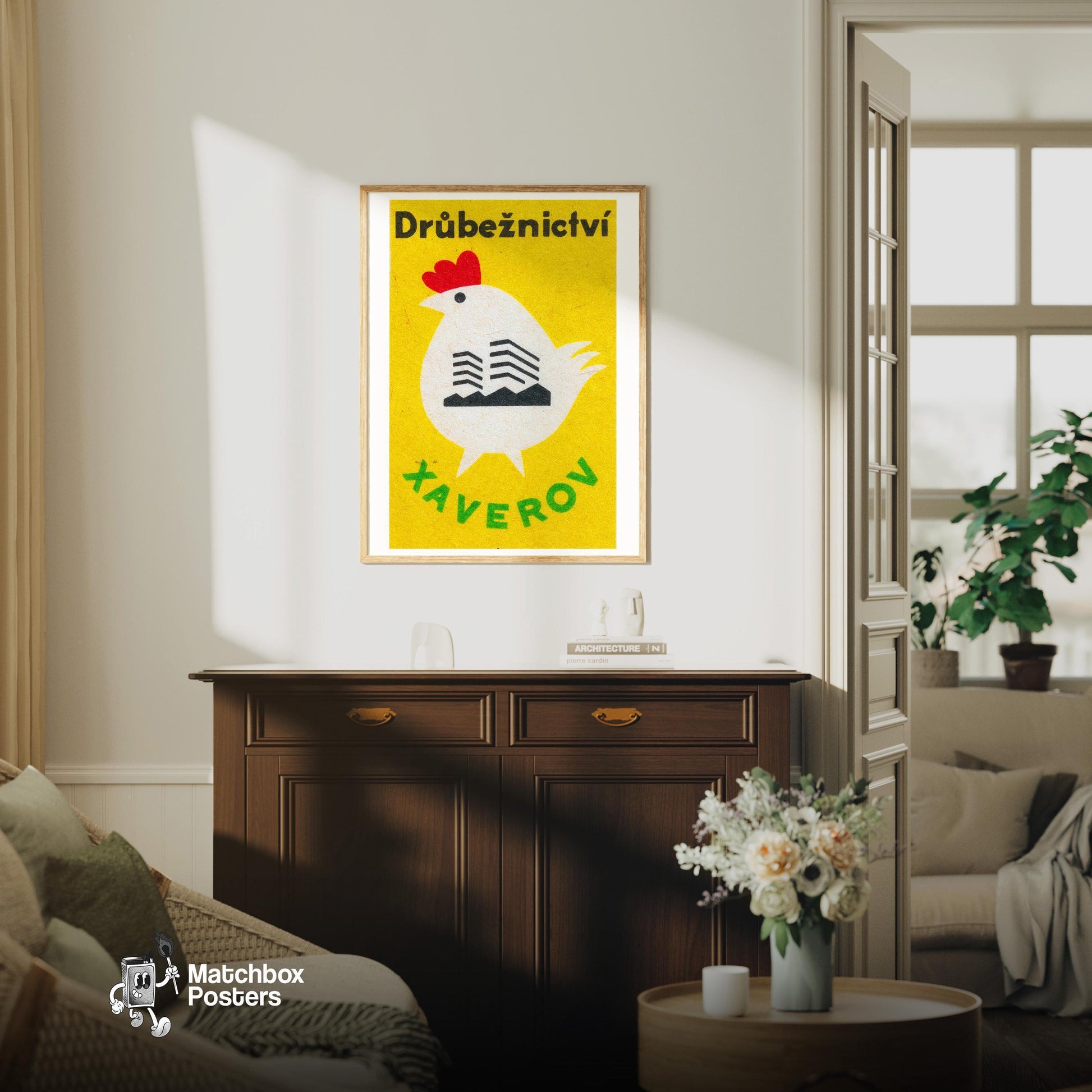 Chicken - vintage matchbox label print - living room mockup