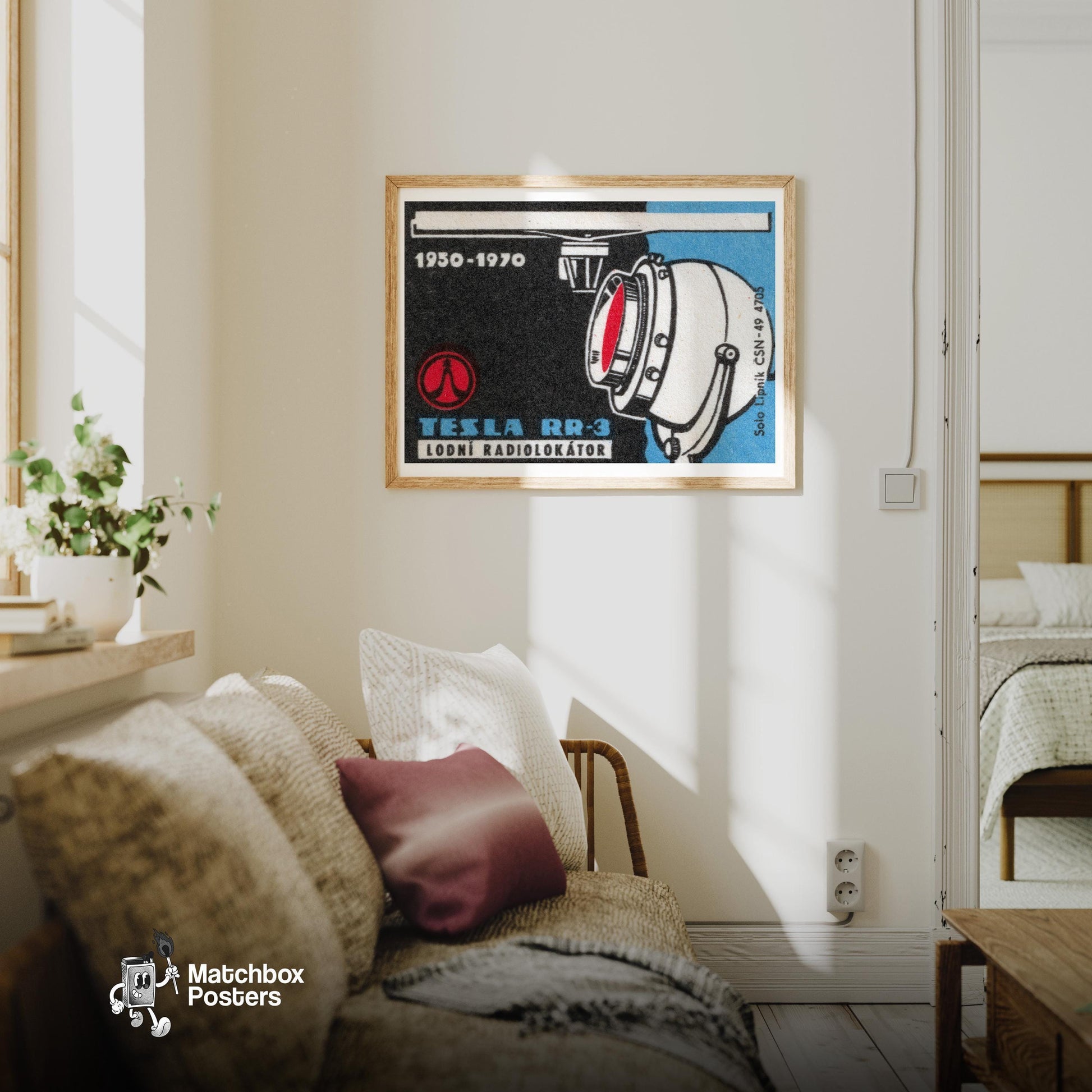 Radio Locator Technology - vintage matchbox label print - living room mockup
