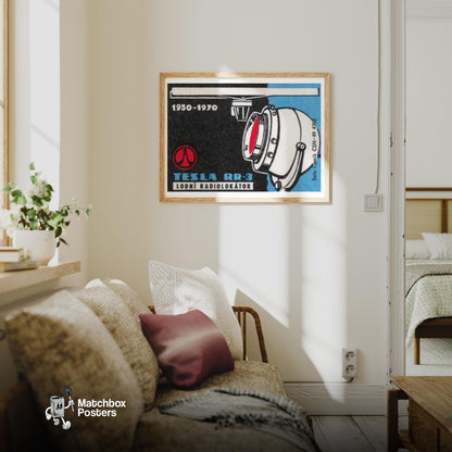 Radio Locator Technology - vintage matchbox label print - living room mockup