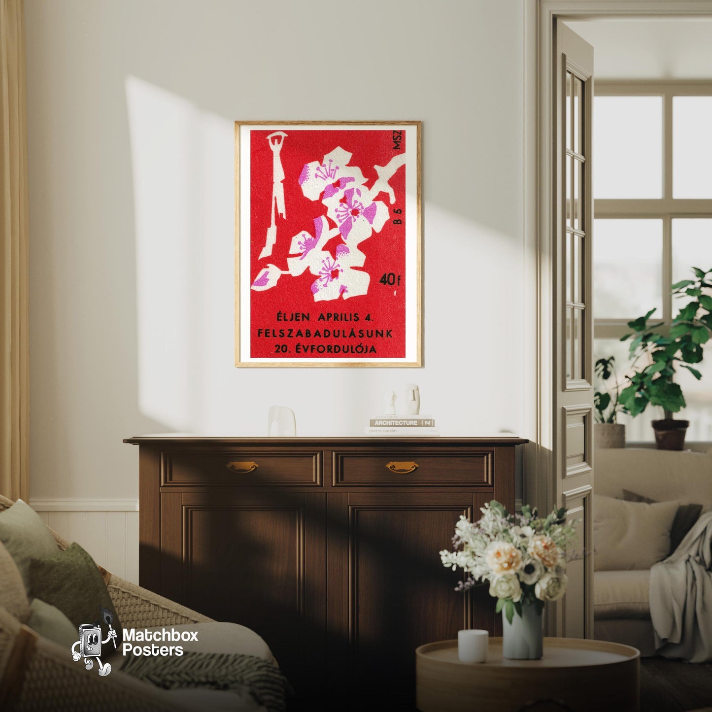 Floral - vintage matchbox label print - living room mockup