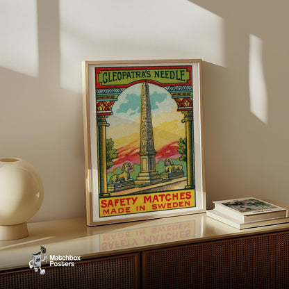Cleopatra's Needle - vintage matchbox label print - size comparison