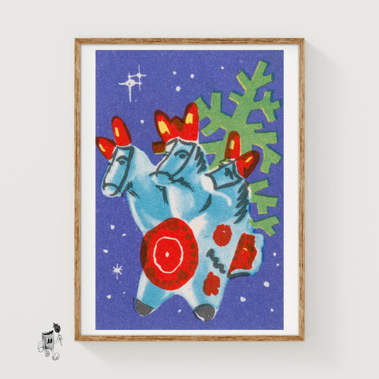 Christmas Horses - vintage matchbox label print