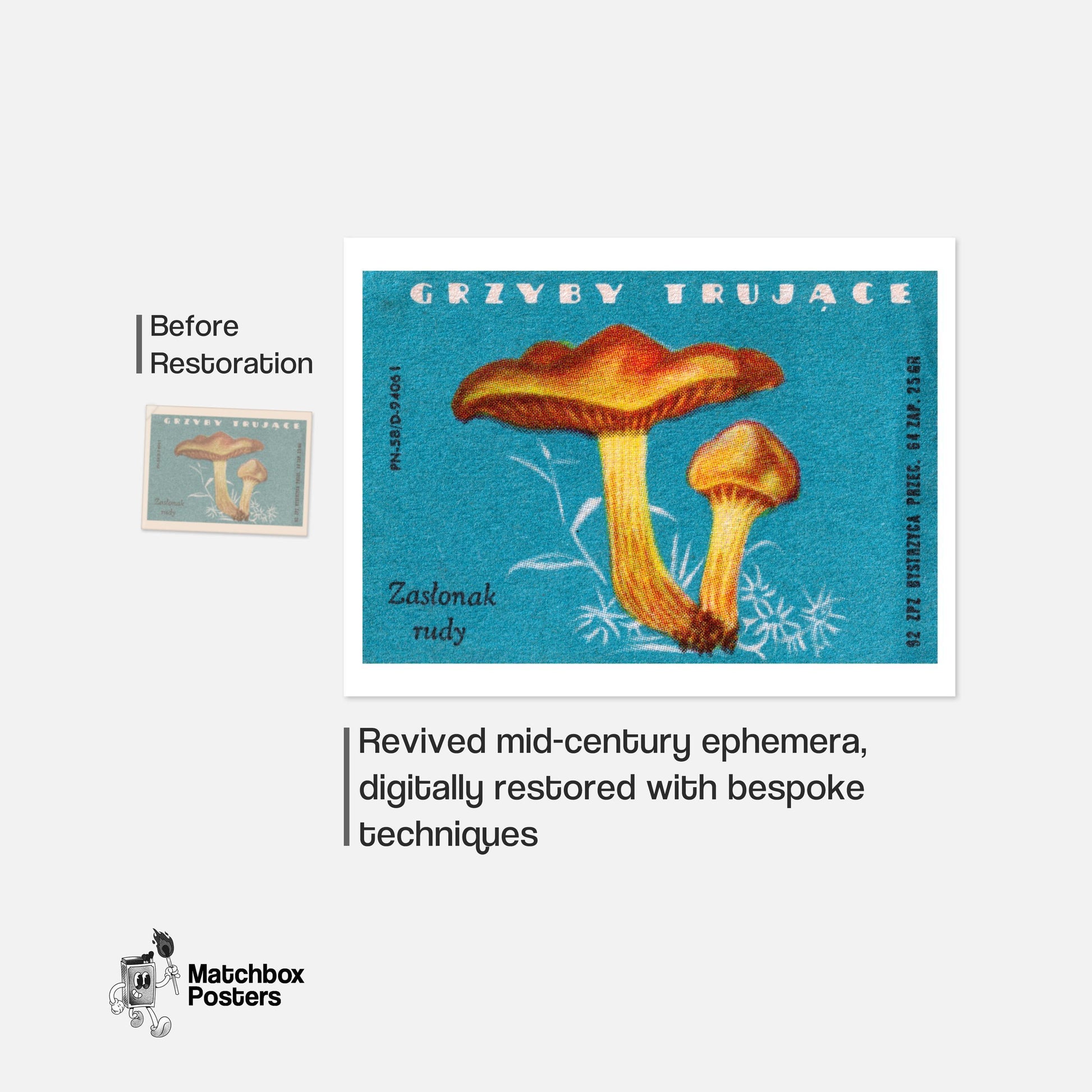 Mushroom - vintage matchbox label print - framed wall art preview