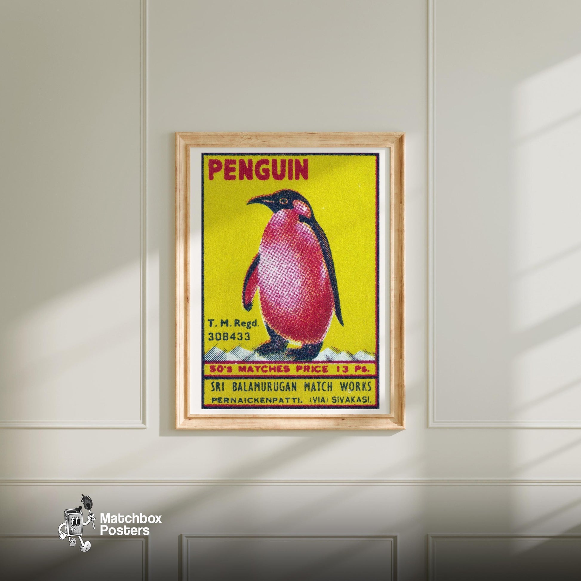 Penguin - vintage matchbox label print - bedroom mockup