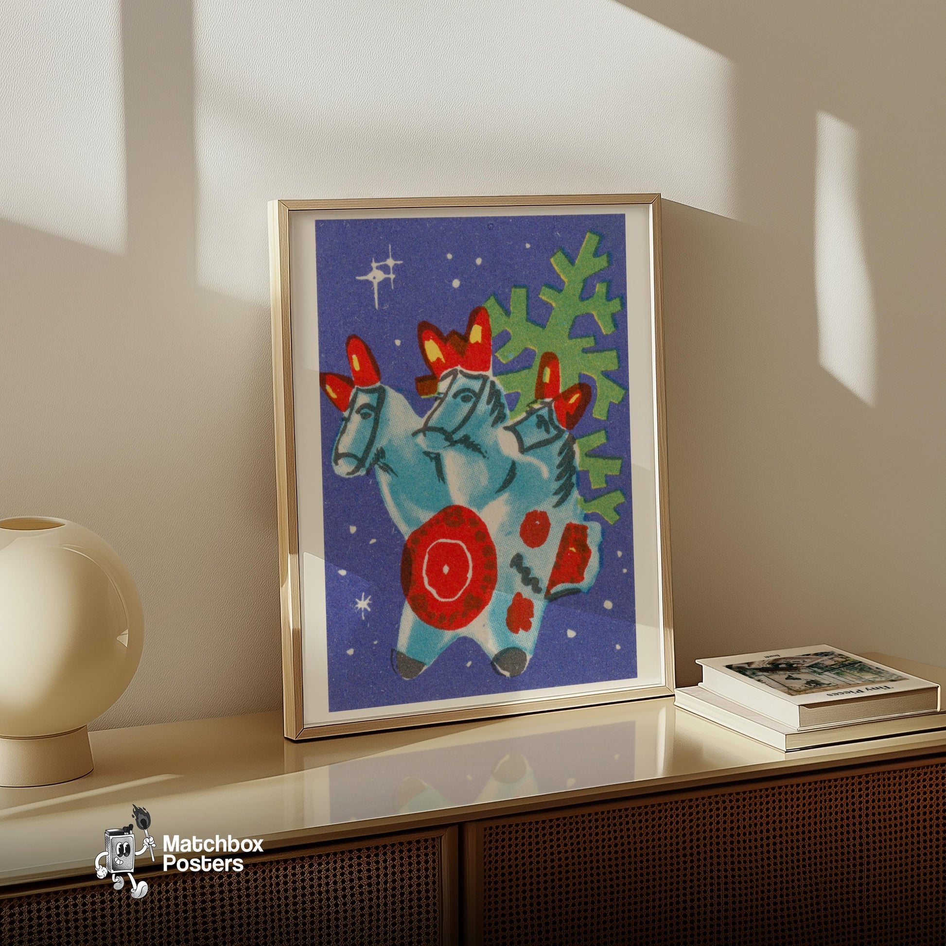 Christmas Horses - vintage matchbox label print - size comparison