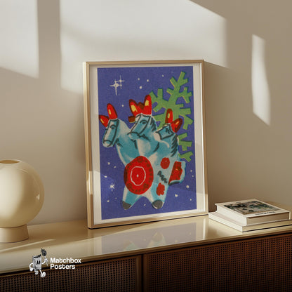 Christmas Horses - vintage matchbox label print - size comparison