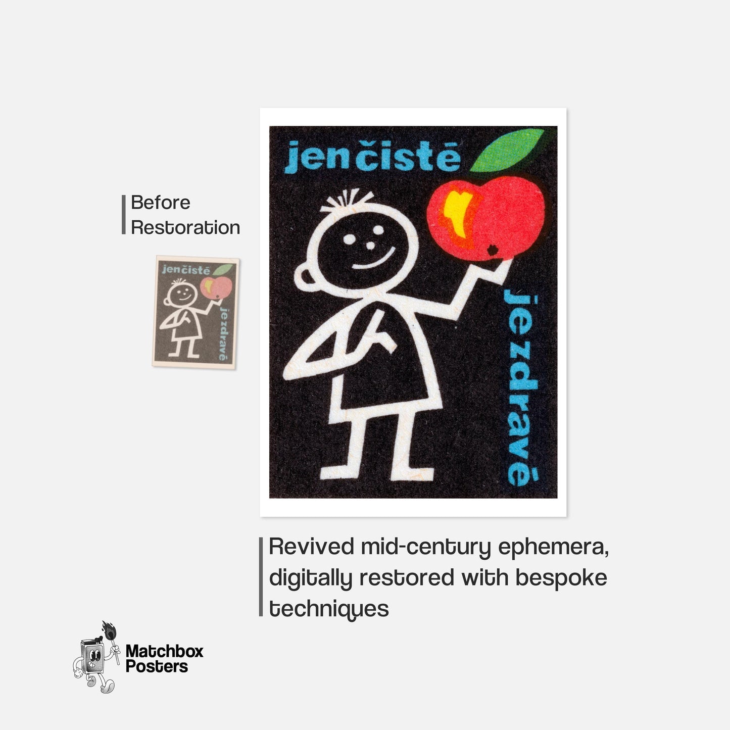 Stick Figure Holding Apple - vintage matchbox label print - framed wall art preview