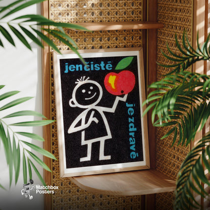 Stick Figure Holding Apple - vintage matchbox label print - office wall
