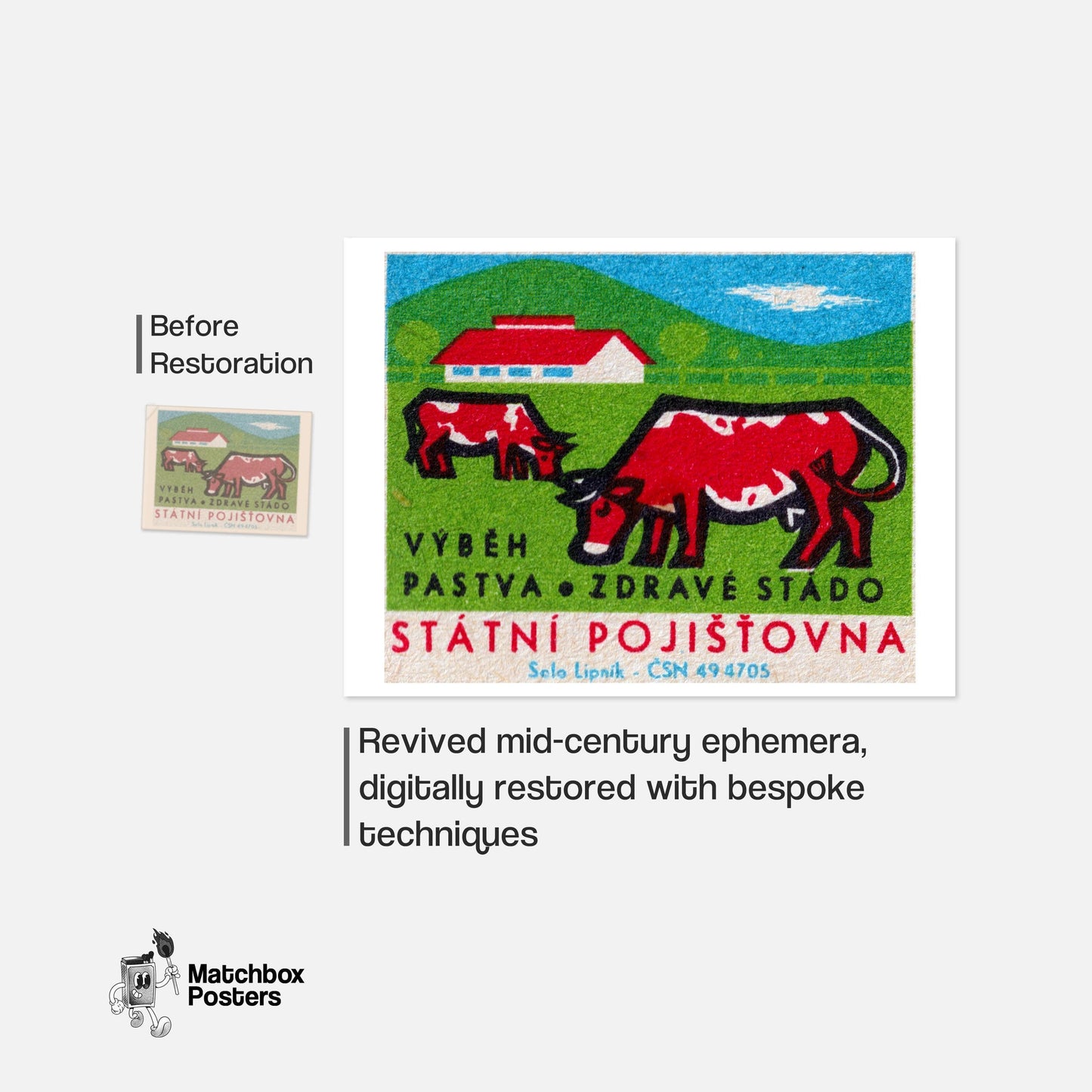 Red Cows - vintage matchbox label print - framed wall art preview