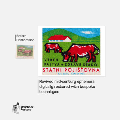Red Cows - vintage matchbox label print - framed wall art preview