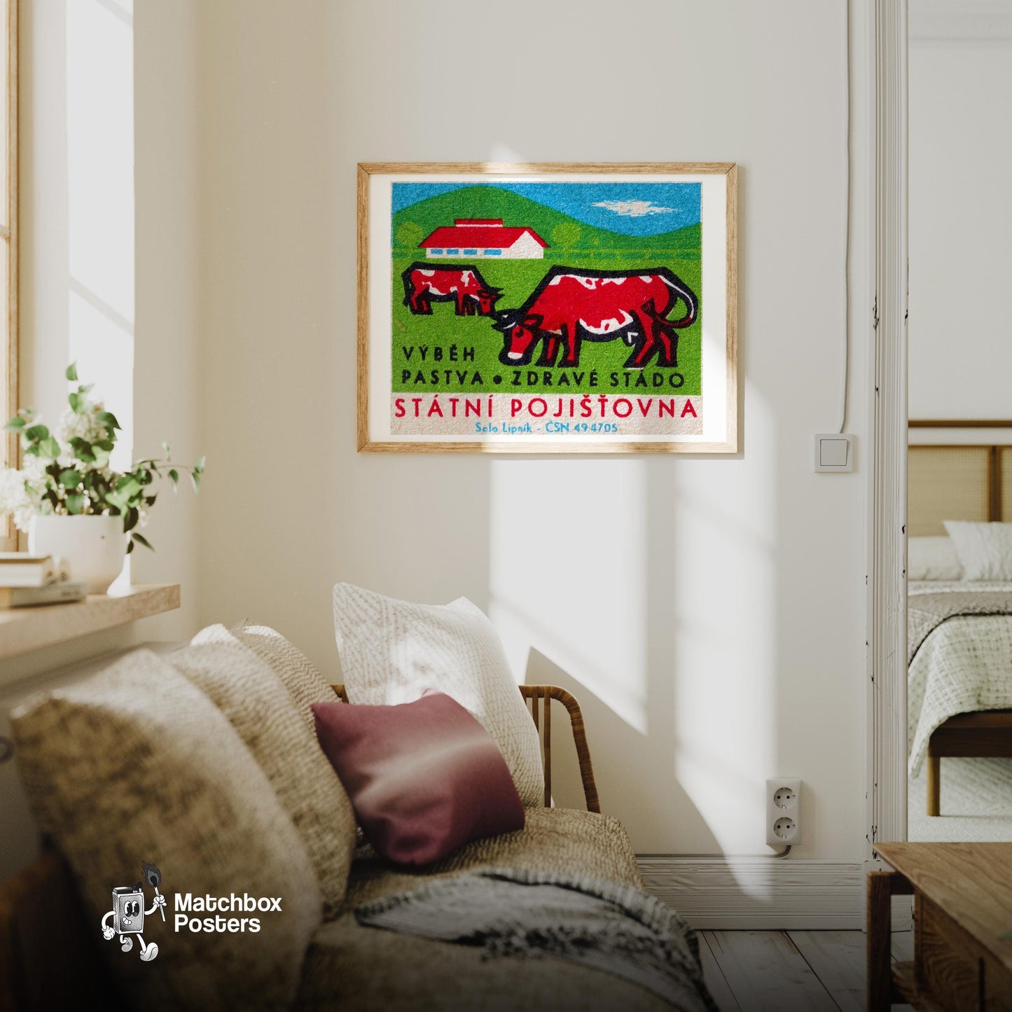 Red Cows - vintage matchbox label print - living room mockup