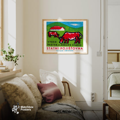 Red Cows - vintage matchbox label print - living room mockup