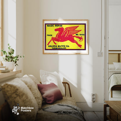 Red Winged Horse - vintage matchbox label print - living room mockup