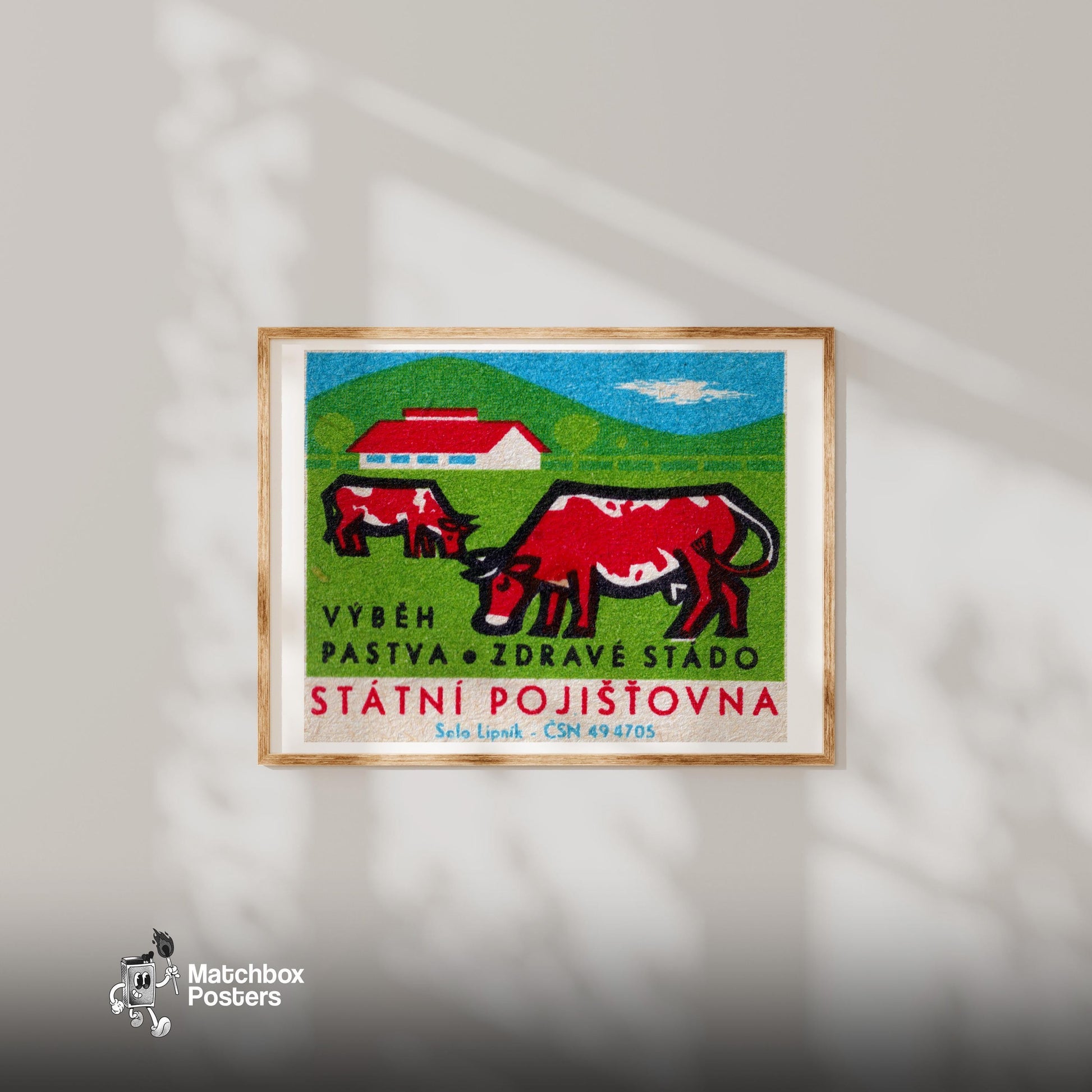 Red Cows - vintage matchbox label print - bedroom mockup