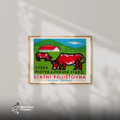 Red Cows - vintage matchbox label print - bedroom mockup